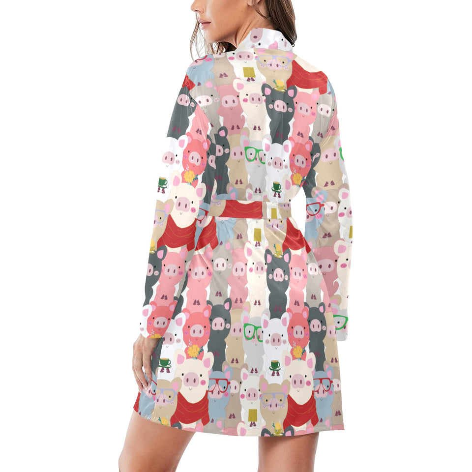 Pig Pattern Print Design 02 Women's Long Sleeve Belted Night Robe