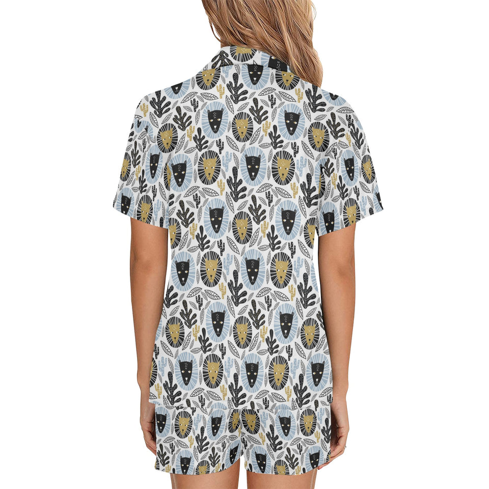 Lion Pattern Print Design 05 Women's V-Neck Short Pajama Set