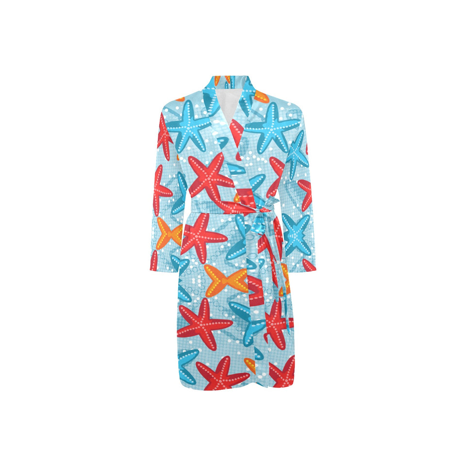 Blue red orange starfish pattern Men's Long Sleeve Belted Night Robe