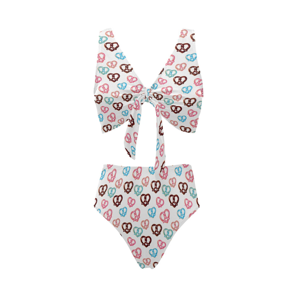 Pretzels Pattern Print Design 04 Chest Bowknot High Waisted Bikini Swimsuit