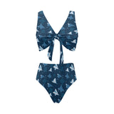 Stingray Pattern Print Design 04 Chest Bowknot High Waisted Bikini Swimsuit