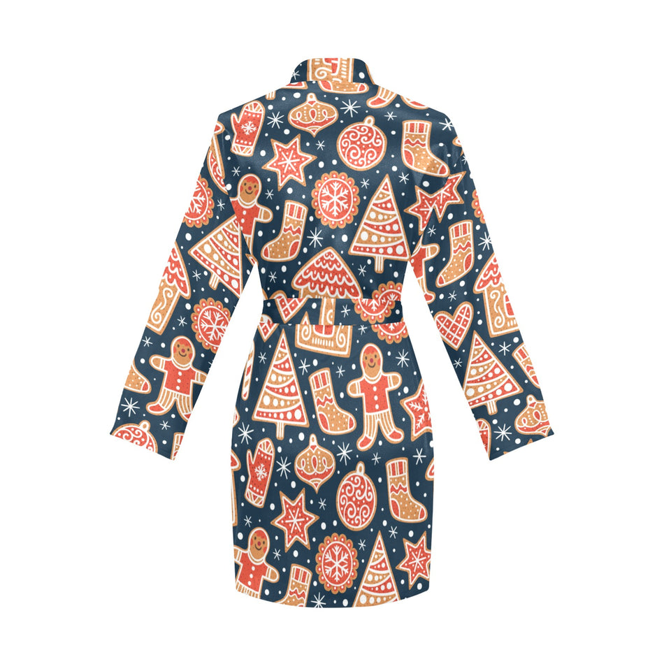 Christmas gingerbread cookie pattern Women's Long Sleeve Belted Night Robe
