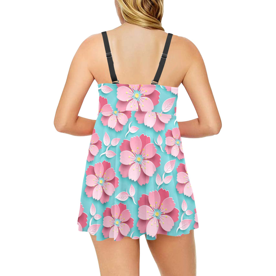 3D sakura cherry blossom pattern Chest Sexy Pleated Two Piece Swim Dress
