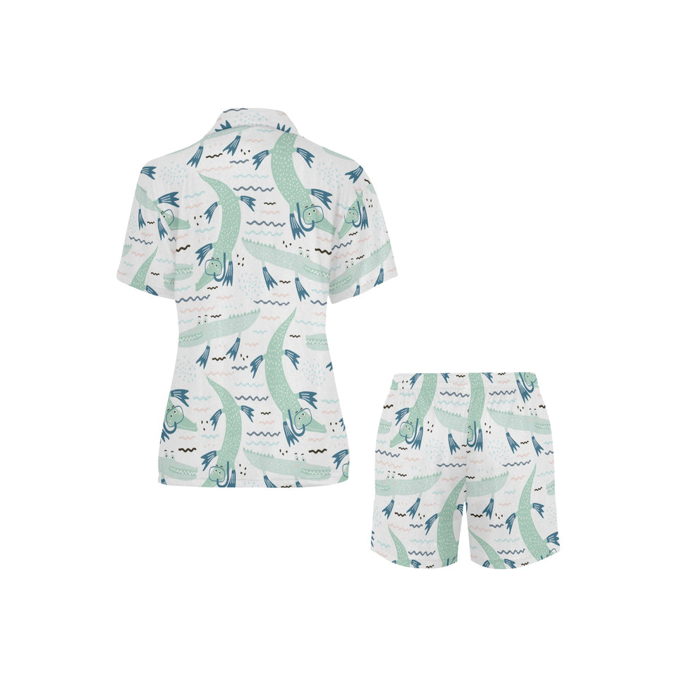 Crocodile diver pattern Women's V-Neck Short Pajama Set