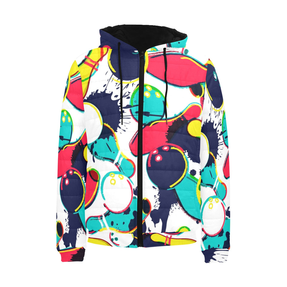 watercolor bowling ball pins Men's Padded Hooded Jacket