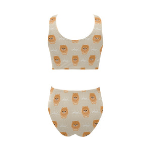 Cute brown pomeranian puppy on blue Chest Bowknot High Waisted Bikini Swimsuit