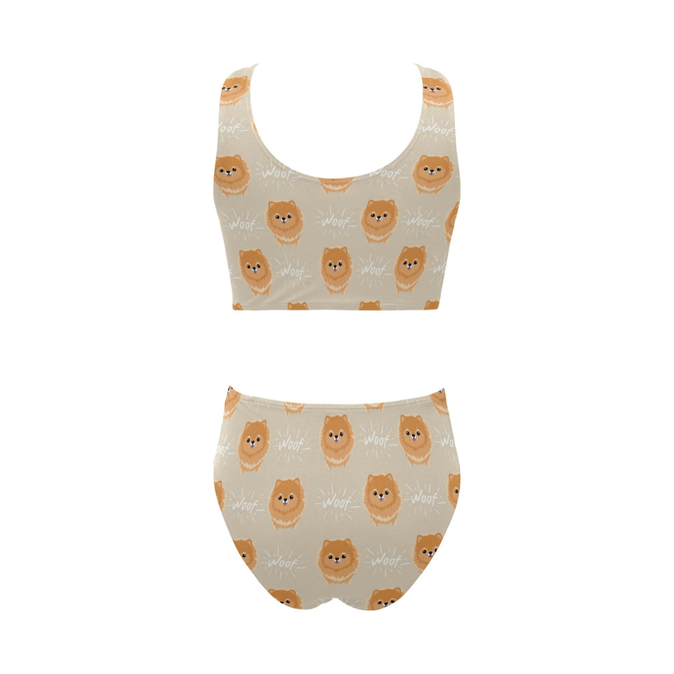 Cute brown pomeranian puppy on blue Chest Bowknot High Waisted Bikini Swimsuit