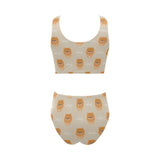 Cute brown pomeranian puppy on blue Chest Bowknot High Waisted Bikini Swimsuit