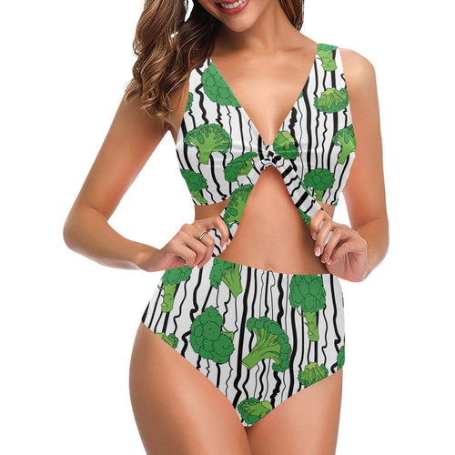 Cool Broccoli pattern Chest Bowknot High Waisted Bikini Swimsuit