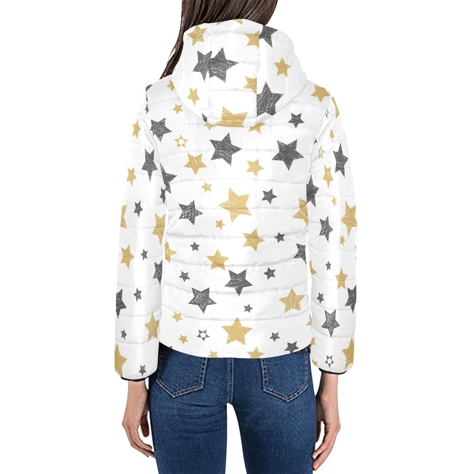 hand drawn gold black star pattern Women's Padded Hooded Jacket