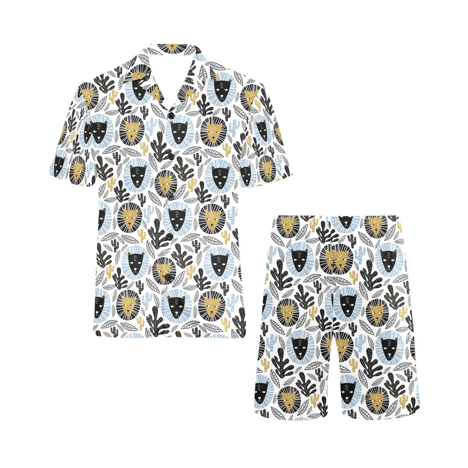 Lion Pattern Print Design 05 Men's V-Neck Short Pajama Set