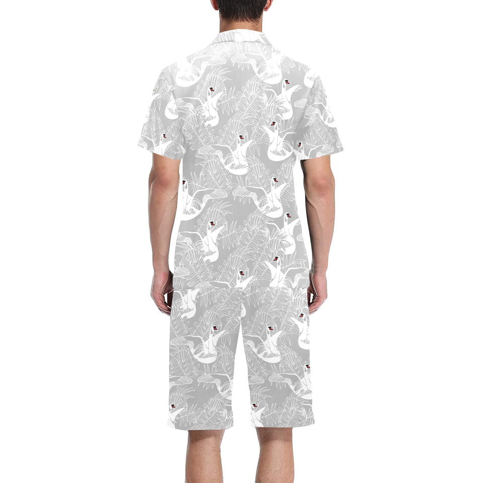 white swan gray background Men's V-Neck Short Pajama Set