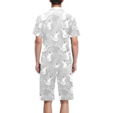 white swan gray background Men's V-Neck Short Pajama Set