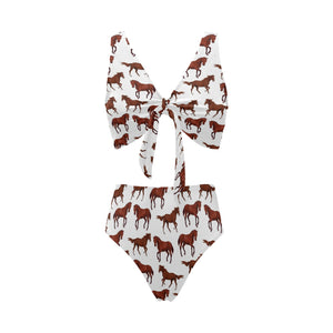 Horses running pattern background Chest Bowknot High Waisted Bikini Swimsuit