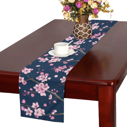 Pink sakura cherry blossom blue background Table Runner