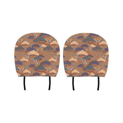 Bonsai bamboo stork japanese pattern brown theme Car Headrest Cover