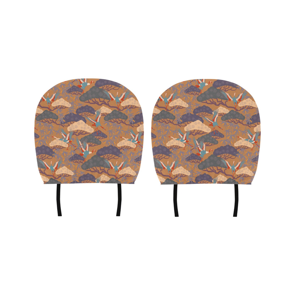 Bonsai bamboo stork japanese pattern brown theme Car Headrest Cover