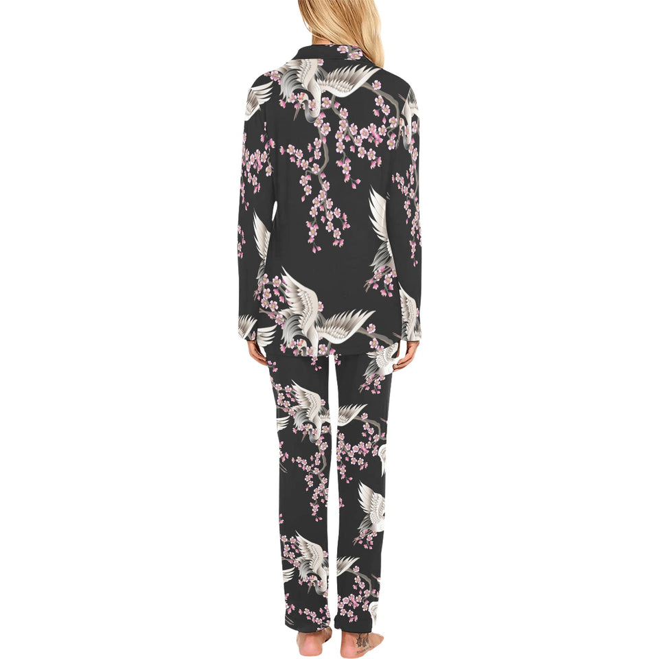 Japanese crane pink sakura pattern Women's Long Pajama Set