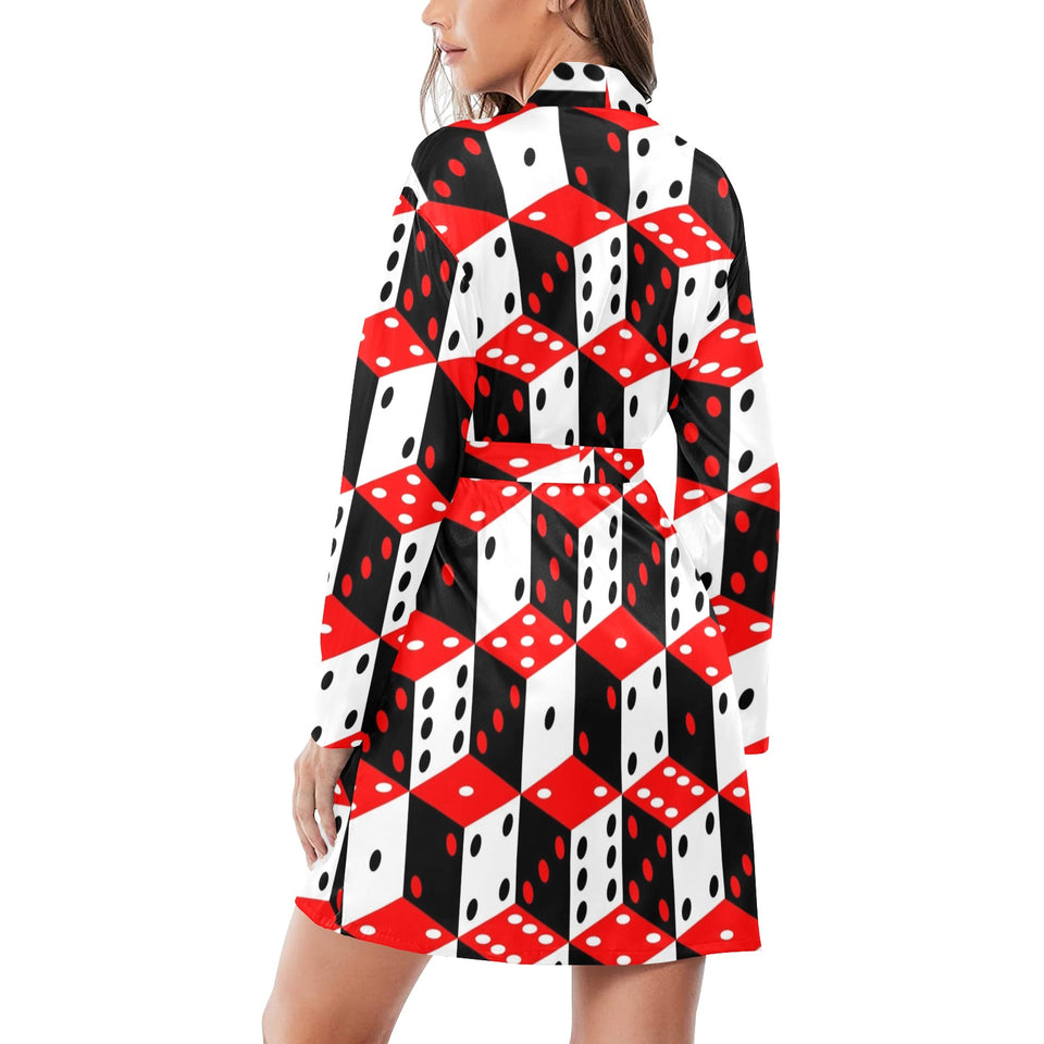 Dice Pattern Print Design 02 Women's Long Sleeve Belted Night Robe