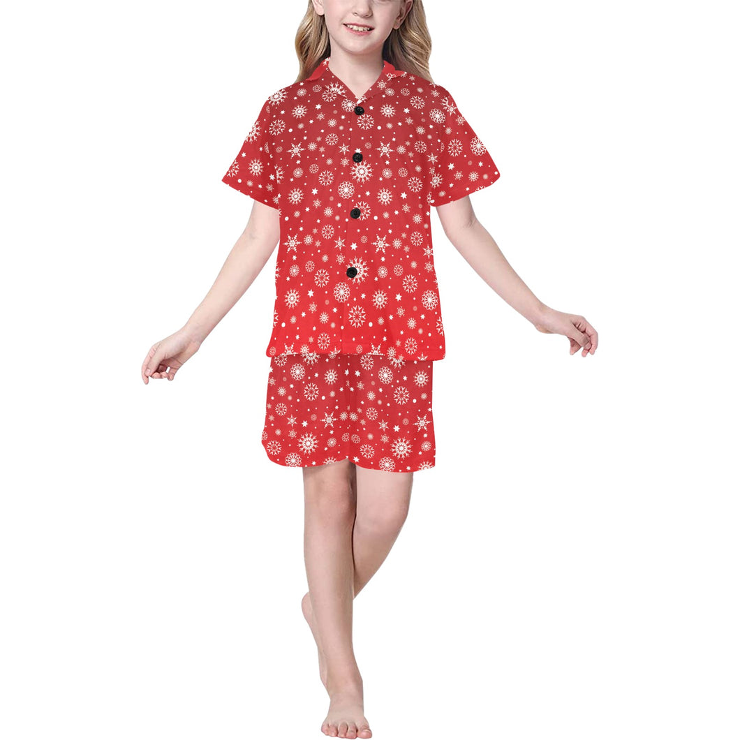 Snowflake pattern red background Kids' Boys' Girls' V-Neck Short Pajama Set