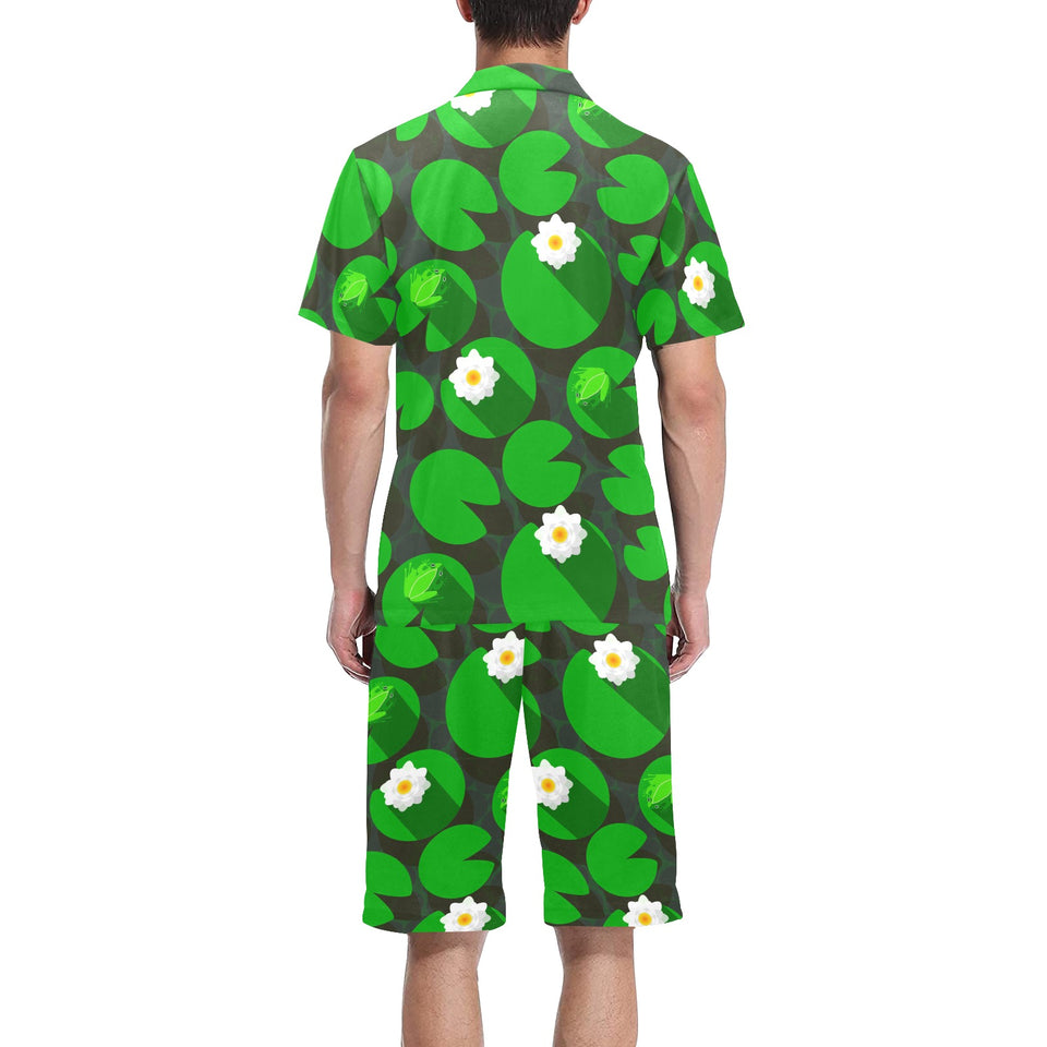 Frog waterlily pattern Men's V-Neck Short Pajama Set