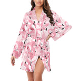 Pink flamingos pattern background Women's Long Sleeve Belted Night Robe