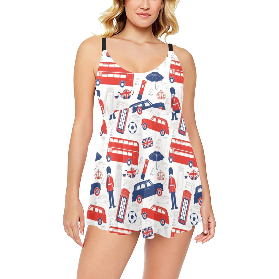 British Pattern Print Design 03 Chest Sexy Pleated Two Piece Swim Dress
