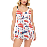 British Pattern Print Design 03 Chest Sexy Pleated Two Piece Swim Dress