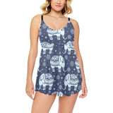 Elephant tribal design pattern Chest Sexy Pleated Two Piece Swim Dress