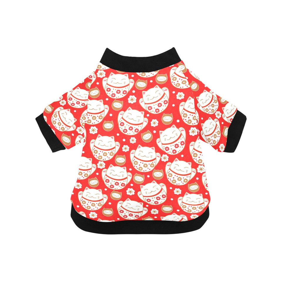 Cute Maneki neko cat red background All Over Print Pet Dog Round Neck Fuzzy Shirt