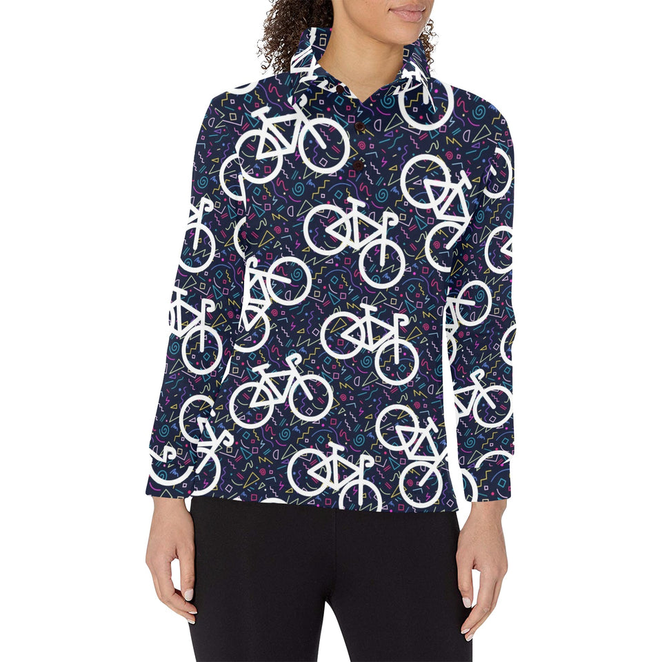 Bicycle Pattern Print Design 03 Women's Long Sleeve Polo Shirt