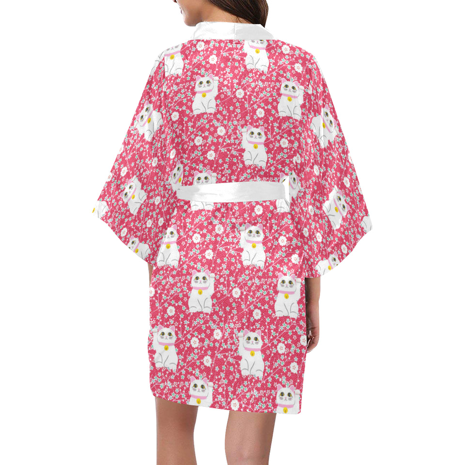 Maneki neko cat sakura pink background Women's Short Kimono Robe