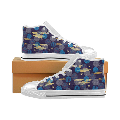 Blue japanese pattern cloud wave flower Women's High Top Canvas Shoes White