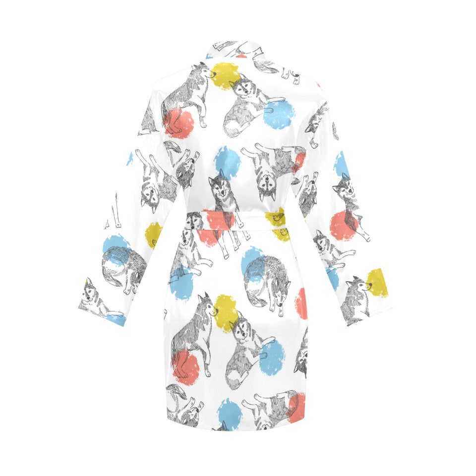 Siberian husky and colorful circle pattern Women's Long Sleeve Belted Night Robe