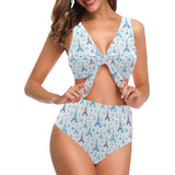 Blue Eiffel Tower Theme Pattern Print Design 01 Chest Bowknot High Waisted Bikini Swimsuit