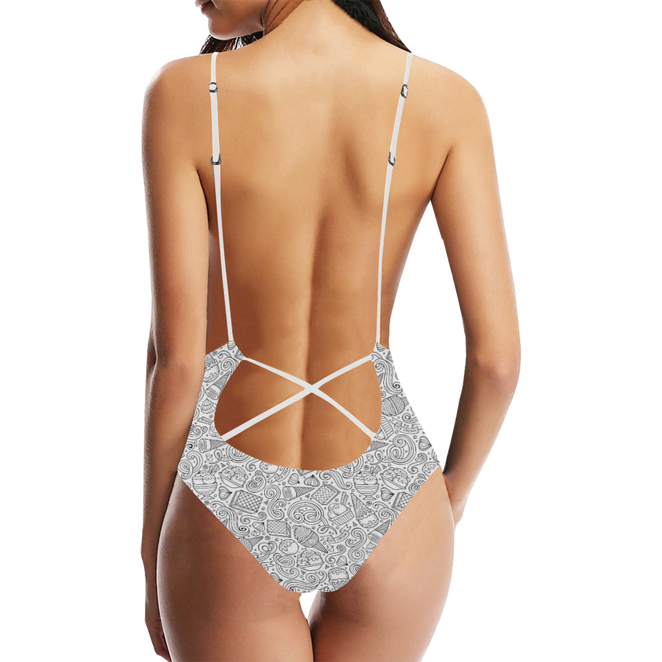 Cartoon hand drawn ice cream black white Women's One-Piece Swimsuit
