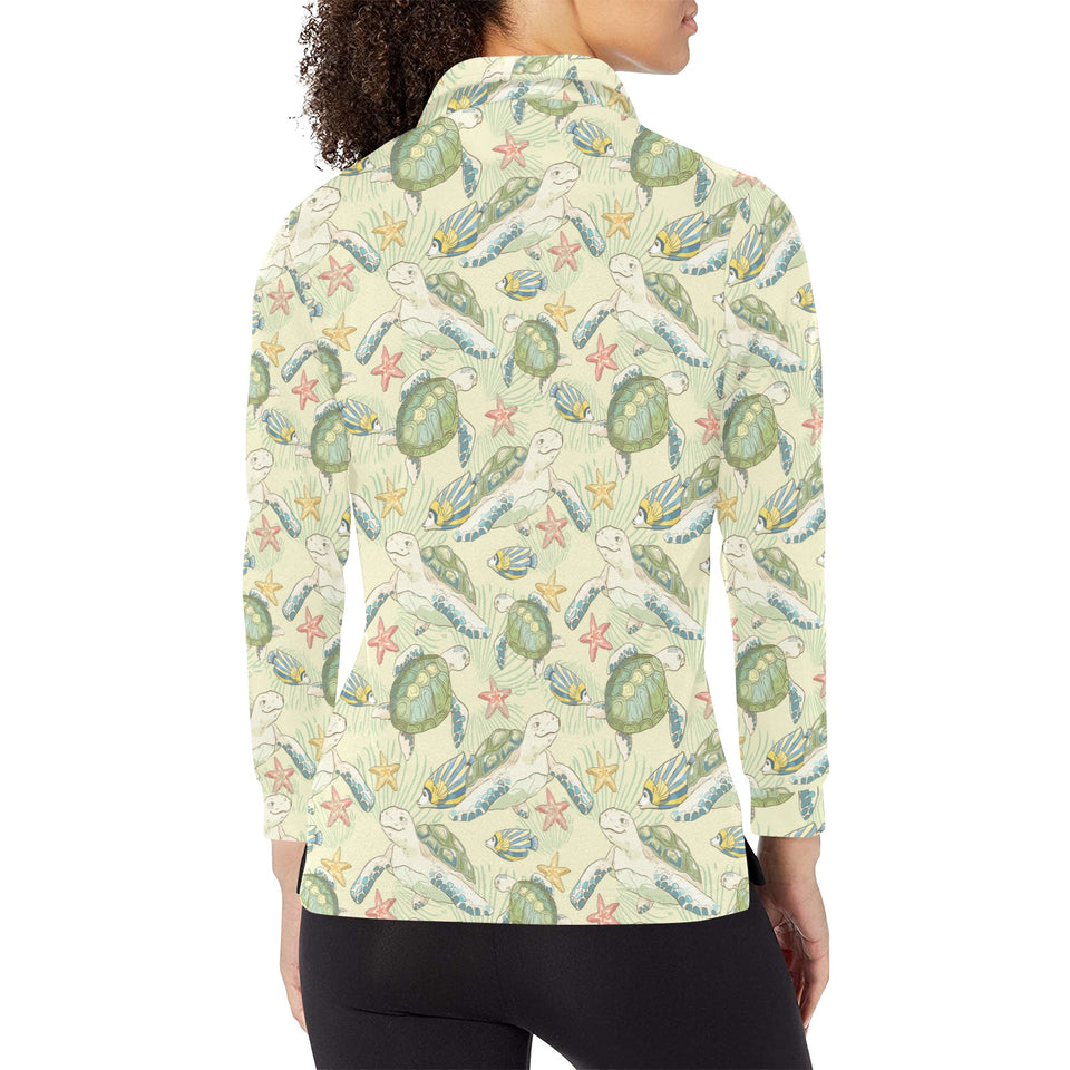 Hand drawn sea turtle fish pattern Women's Long Sleeve Polo Shirt