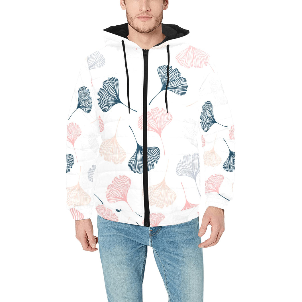 Black Gray Cream coral ginkgo leaves pattern Men's Padded Hooded Jacket