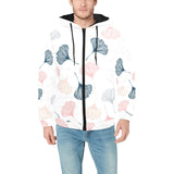 Black Gray Cream coral ginkgo leaves pattern Men's Padded Hooded Jacket