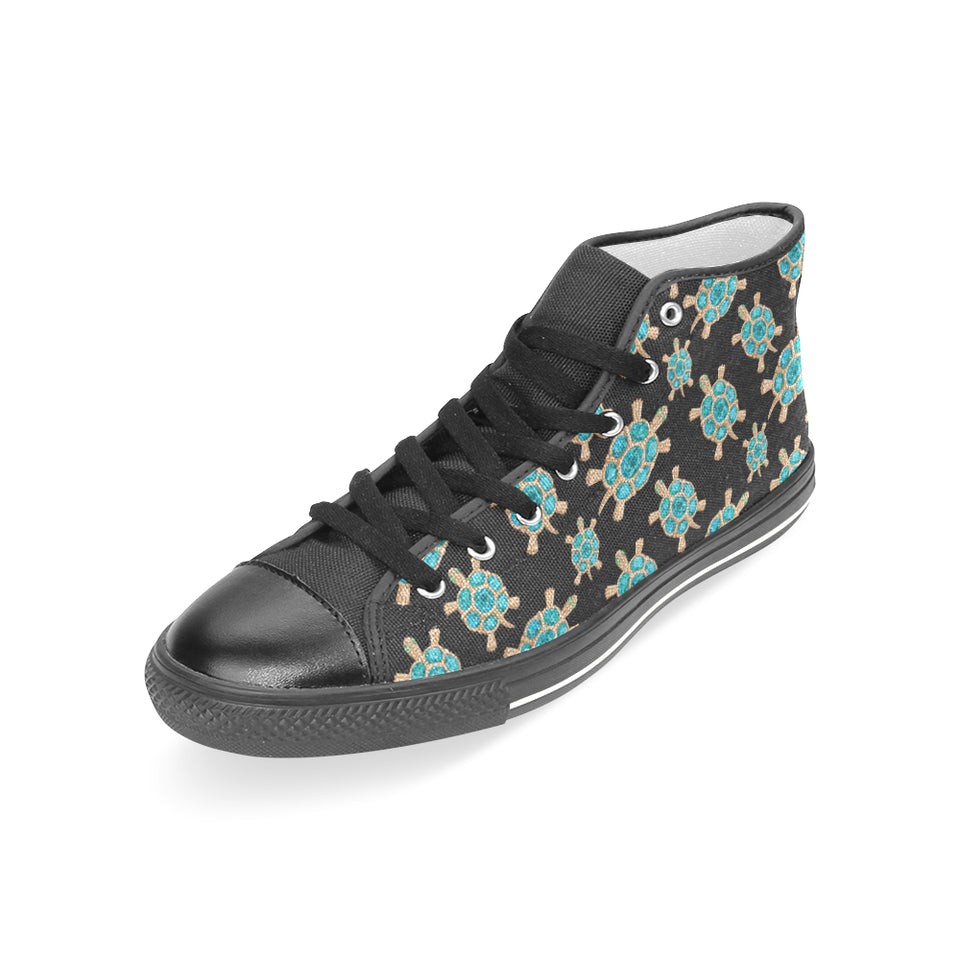 Sea turtle blue stone pattern Women's High Top Canvas Shoes Black