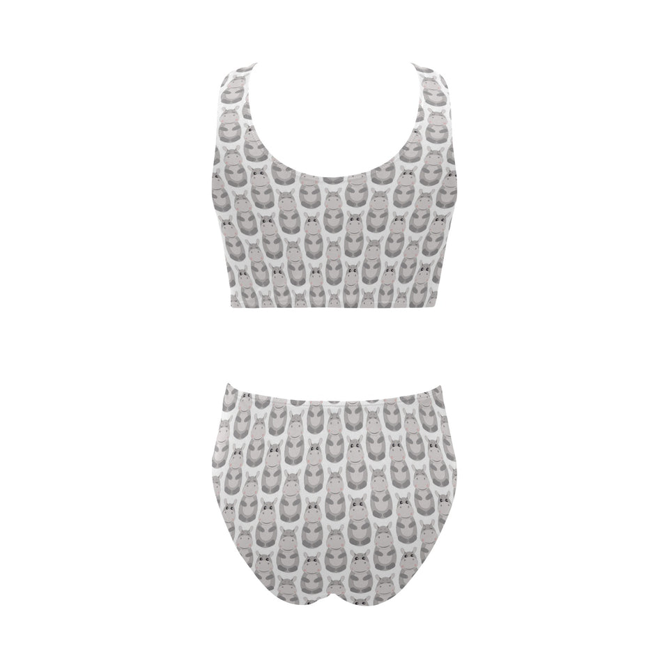 Hippopotamus Pattern Print Design 05 Chest Bowknot High Waisted Bikini Swimsuit