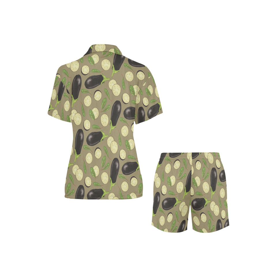 Eggplant Pattern Print Design 02 Women's V-Neck Short Pajama Set