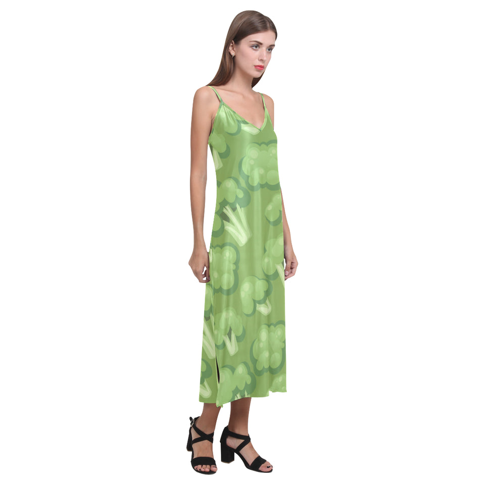 Broccoli pattern green background V-Neck Open Fork Long Dress