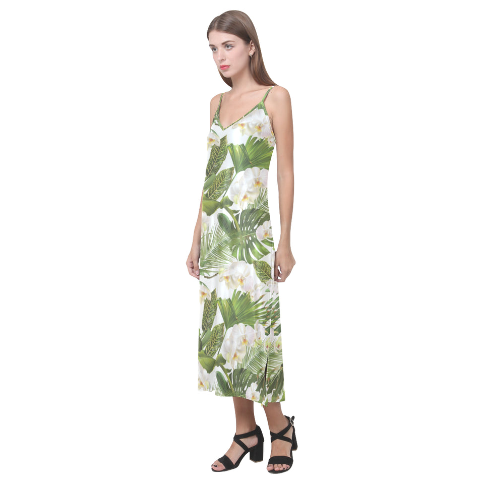 White orchid flower tropical leaves pattern V-Neck Open Fork Long Dress