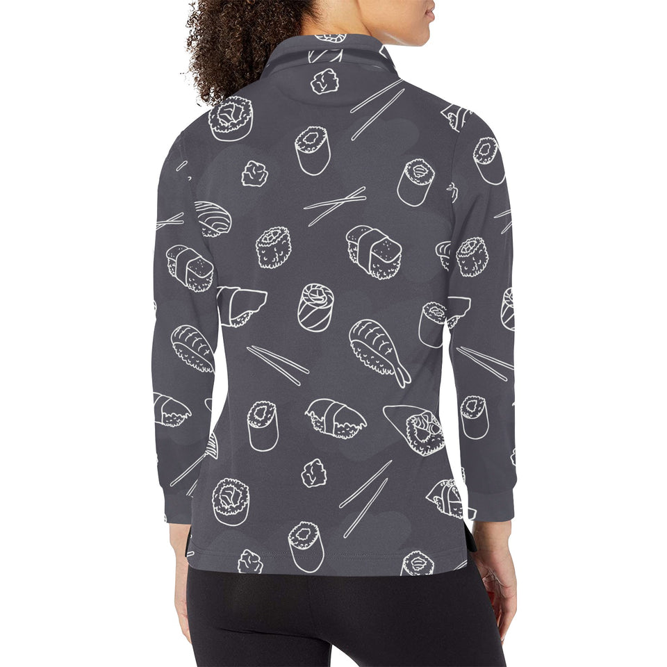 sushi pattern black background Women's Long Sleeve Polo Shirt