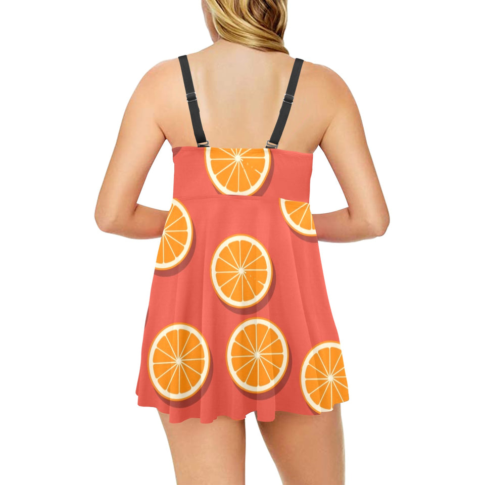 Oranges pattern red background Chest Sexy Pleated Two Piece Swim Dress
