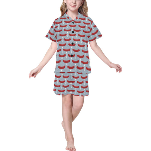 Sausage Pattern Print Design 02 Kids' Boys' Girls' V-Neck Short Pajama Set