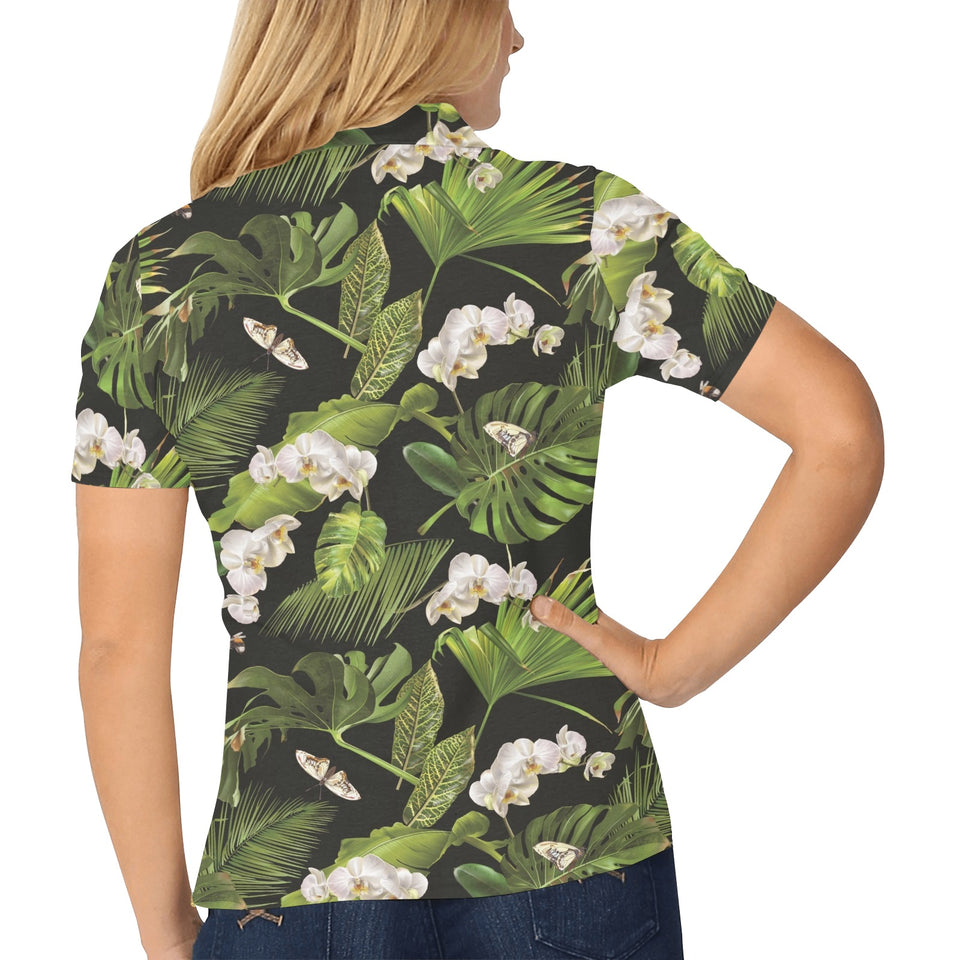 White orchid flower tropical leaves pattern blackg Women's All Over Print Polo Shirt