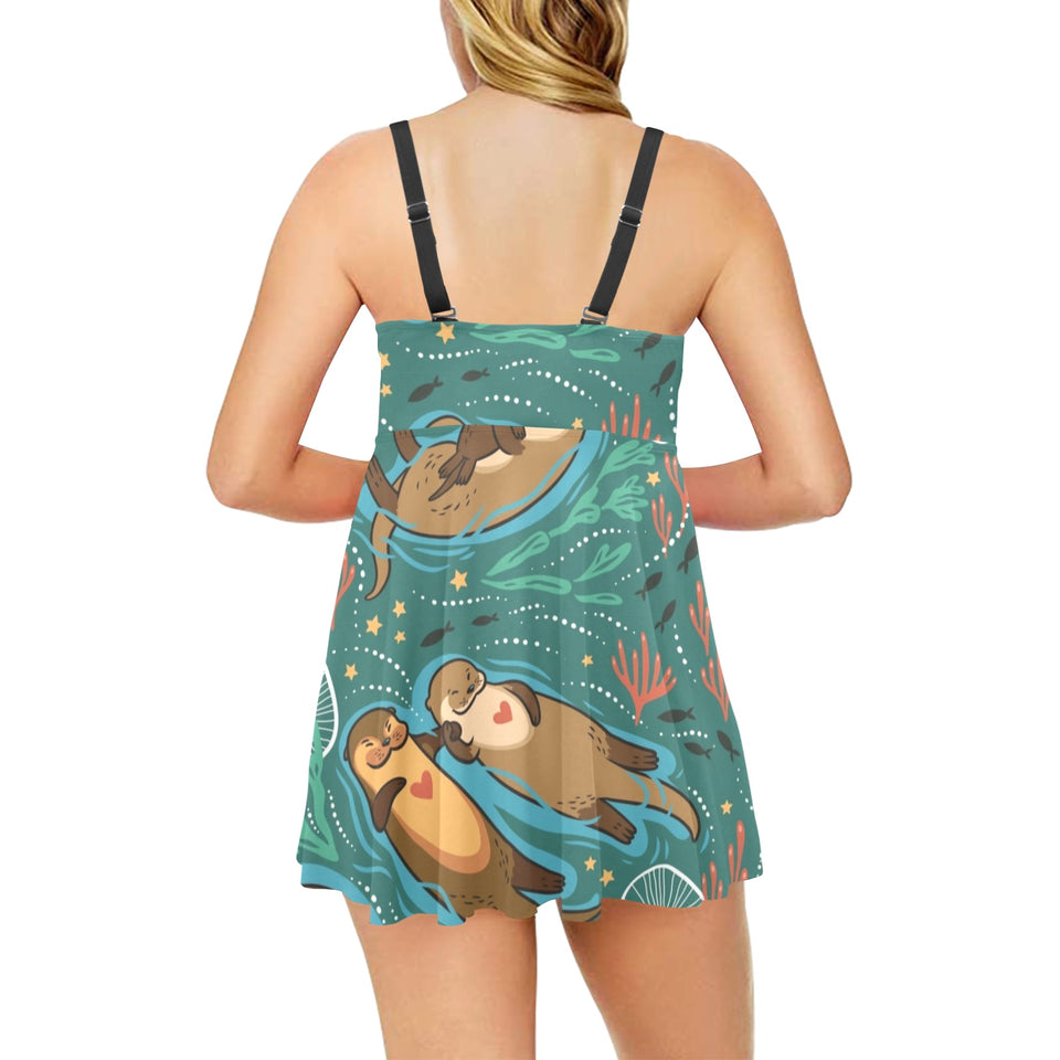 cute brown sea otters ornamental seaweed corals gr Chest Sexy Pleated Two Piece Swim Dress