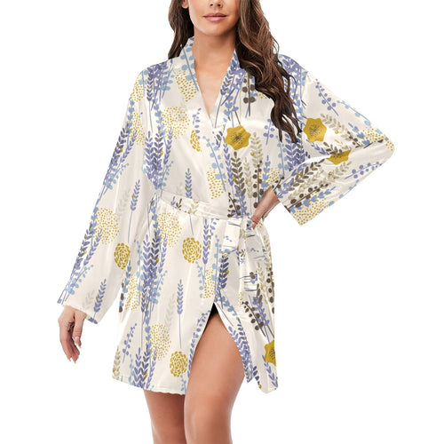 Lavender modern pattern blackground Women's Long Sleeve Belted Night Robe